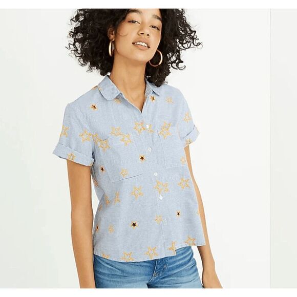 Madewell Star Embroidered Striped Button-Up Short Sleeve Shirt NWOT - L - Picture 1 of 6
